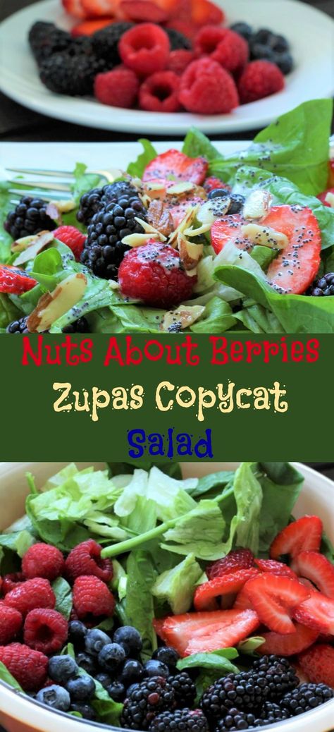 Nuts About Berries Zupas Copycat Salad is one of the most delicious salads ever. I could eat it every day. I love the taste of the blackberries, strawberries, raspberries and the coated almonds. The candied almonds are so delicious with coconut oil, cinnamon, and maple syrup. Then top it off with the poppyseed dressing. This Nuts About Berries Zupas Copycat Salad Recipe is one that you will want to keep. It is delicious, healthy, full of colors and textures, and easy to make! Nuts Salad Recipe, Zupas Salad Recipes, Cafe Zupas Recipes Copycat Salad, Zupas Copycat Recipes Salads, Salad With Berries, Cafe Zupas Recipes Copycat, Strawberry Nut Salad, Raspberry Poppyseed Dressing, Nuts About Berries Salad Zupas