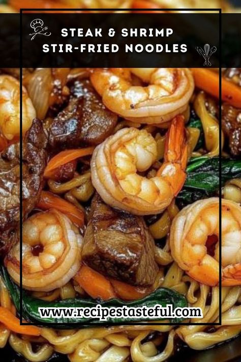 A delightful dish combining tender marinated steak, succulent shrimp, and colorful vegetables tossed with wide rice noodles in a savory sauce. Perfect for a quick weeknight meal or entertaining guests. Steak And Shrimp Fried Rice, Wide Rice Noodles, Steak Shrimp, Shrimp Noodles, Steak And Shrimp, Shrimp Fried Rice, Sliced Steak, Marinated Steak, Colorful Vegetables