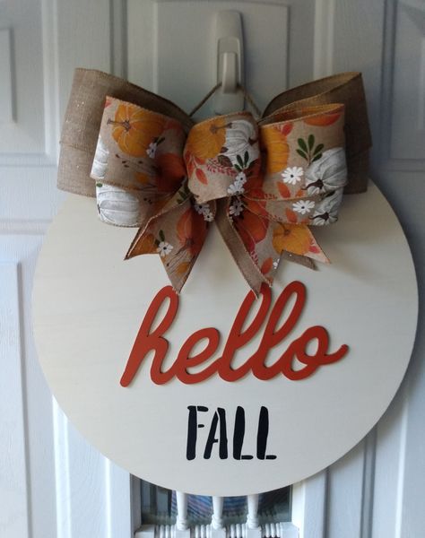 Hello Fall Door Hanger, Front Door Wreath, Farmhouse Decor, Fall Welcome Sign, Autumn Home Decor, Round Entryway Decor, Housewarming Gift Round Entryway, Fall Welcome Sign, Fall Door Hanger, Autumn Home Decor, Fall Door Hangers, Round Wood Sign, Wreath Farmhouse, Storm Door, Pumpkin Colors