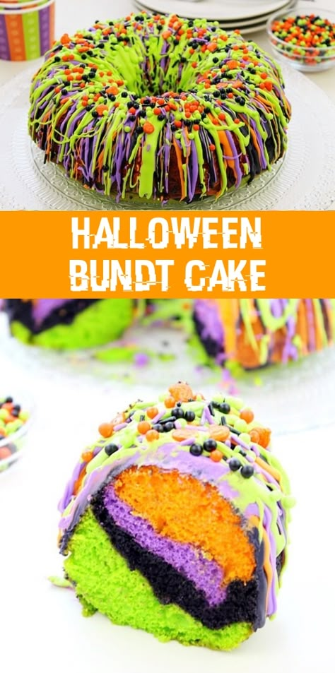 Halloween Bundt Cake Recipe – CUCINADEYUNG Halloween Bundt Cake, Cake Colors, Halloween Torte, Deco Cupcake, Pasteles Halloween, Halloween Rainbow, Postres Halloween, Cake Rainbow, Halloween Foods