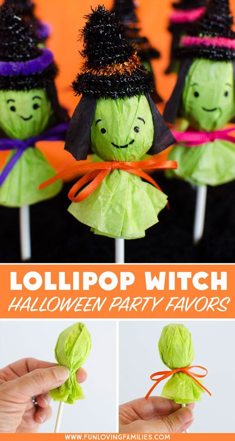 These lollipop witches make the cutest Halloween party favors. Make a bunch to bring to the Halloween classroom party, or add them to your boo basket ideas! #halloweenfavors #halloweenparty #DIYhalloween #halloweenclassroomparty #halloweenkidstreat #boobasketideas #funlovingfamilies Diy Halloween Party Favors, Witch Halloween Party, Witches Halloween Party, Halloween Lollipop, Spooky Basket, Kids Halloween Food, Classroom Halloween Party, Halloween School Treats, Dulces Halloween