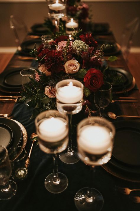 Moody Wedding Cake Table, Moody Wedding Reception Table, Fall Gothic Wedding Centerpieces, Moody Romantic Tablescape, Moody Romantic Wedding Table Settings, Dark Royal Wedding, Dark Moody Wedding Table Decor, Dark And Moody Wedding Reception, Black Candle Centerpieces Wedding