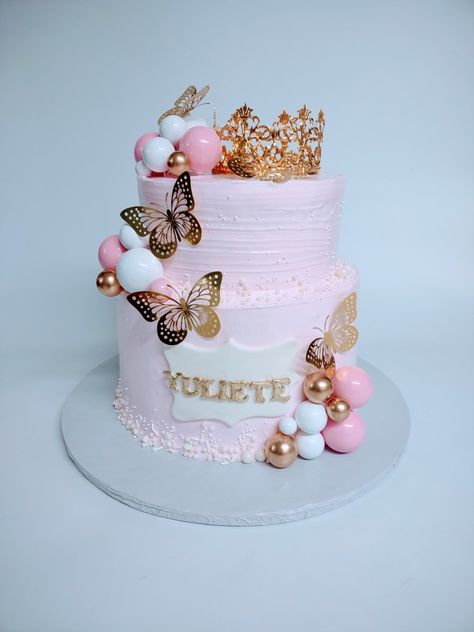 Pink Butterfly Cake Ideas, Pink And White Butterfly Cake, Light Pink Cake With Butterflies, Pastel Two Tier Cake, Two Tiered Butterfly Cake, Pink And Gold Birthday Party Cake, Pink Purple Butterfly Cake, Pastel Butterfly Cake 1st Birthday, Princess Butterfly Cake