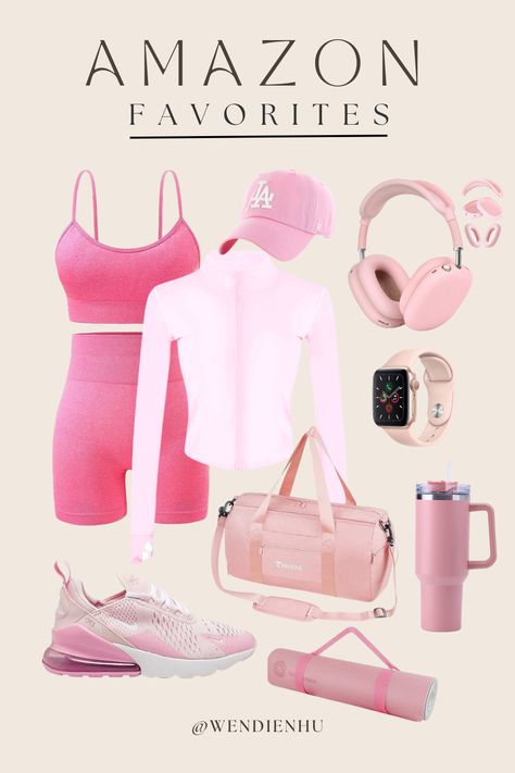 Gym Outfit Amazon, Workout Outfits Women Gym, Pink Backpack Outfit, Airpod Max Pink, Pink Nike Outfit, Workout Aesthetic Pink, Pink Workout Aesthetic, Pink Gym Aesthetic, Cute Exercise Outfits