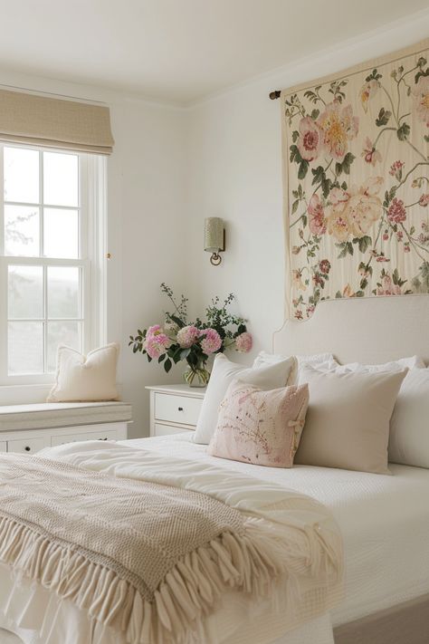 Spiritual Decor Ideas Home Bedroom, Paige Lorenze Bedroom Aesthetic, Garden Party Bedroom, Girly Cottagecore Bedroom, French Country Decorating Ideas Farmhouse Style Master Bedrooms, Floral Vintage Bedroom, Girly Farmhouse Bedroom, Cottagecore Bedroom Makeover, Girly Cottage Core Bedroom