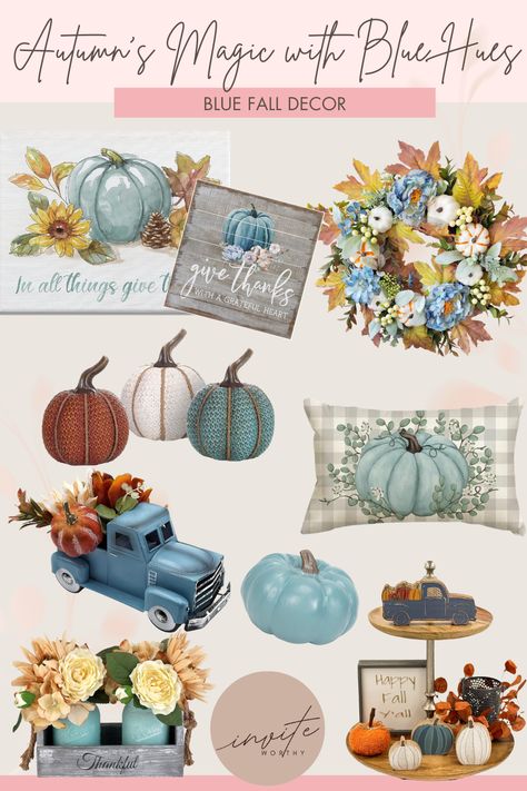 Explore the beauty of fall home decor in calming Hues of Blue, featuring pumpkins, wreaths, and a farmhouse truck for a touch of rustic charm. Create an inviting atmosphere to celebrate the enchantment of autumn! Fall decoration ideas. Blue And Rust Fall Decor, Blue Fall Bathroom Decor, Aqua Fall Decor Ideas, Fall Decor Blue And Orange, Fall Tv Stand Decor, Blue Pumpkin Decor, Country Party Decorations, Blue And Orange Fall Decor, Teal Fall Decor