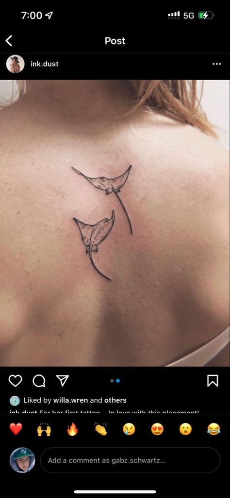 2 Stingray Tattoo, Small Marine Animal Tattoos, Hawaiian Animal Tattoo, Back Ocean Tattoo, Back Tattoo Stingray, Stingray Back Tattoo Women, Manta Ray Line Tattoo, Two Manta Rays Tattoo, Two Stingray Tattoo