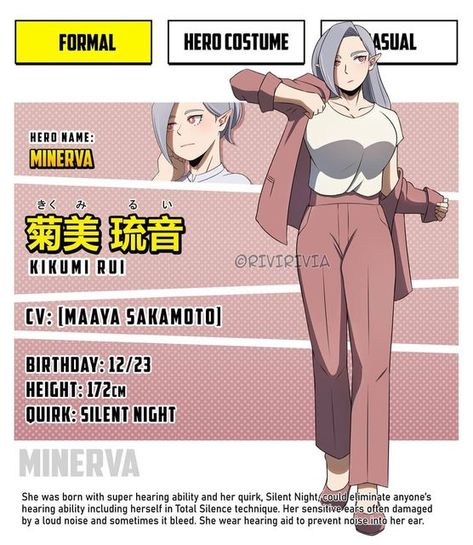 Rivia Pasaribu on Instagram: "『 #BNHA 』 BNHA OC Reference Sheet – Kikumi Rui (Canon version) 。 A new reference sheet for Rui is here! I include some of new information just in case you are wondering what will happened on the future chapters ✧ 。 Personality: Polite | Hardworking | Good Listener | Sincere Flaws: Manipulative | Arrogant | Cunning | Selfish |Sarcastic 。 After Rui worked at HPSC, Rui often questioned whether what she was doing was right. Just because she works as a Hero, does Oc Reference Sheet, Shie Hassaikai, Mha Ocs, Hero Oc, My Hero Academia Costume, Oc Bnha, Oc Reference, Character Sheet Template, Oc Manga