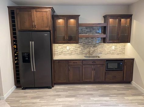 Basement Kitchen Cabinets, Basement Wet Bar Full Size Fridge, Man Cave Kitchenette, Basement Bar Full Fridge, Fridge In Basement, Bar With Full Size Fridge, Basement Bar With Full Size Fridge, Basement Dry Bar Ideas With Fridge, Basement Wet Bar With Full Size Fridge