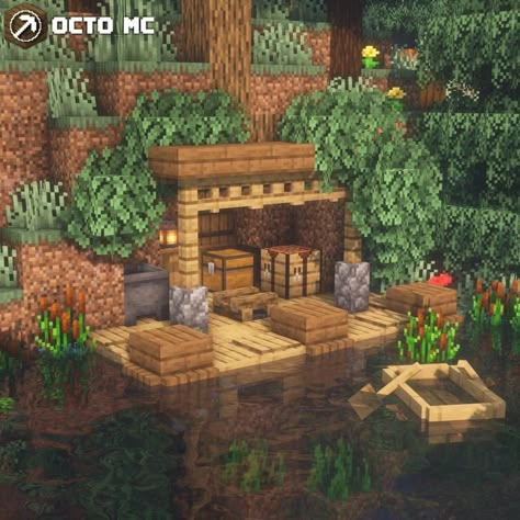 Earthy Minecraft Builds, Mining Area Minecraft Ideas, Camp Site Minecraft, Minecraft Camp Site, Minecraft Campfire Ideas, Minecraft Shed Ideas, Minecraft Shed, Minecraft Campsite, Camp Hope