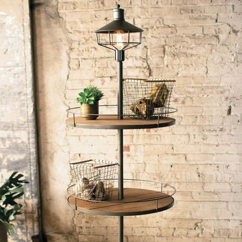 Three Tiered Display Floor Lamp Urban Farmhouse Designs, Diy Floor Lamp, Indoor Floor Lamps, Lamp Makeover, Smart Tiles, Floor Lamp With Shelves, Urban Farmhouse, Floor Lamps Living Room, Vintage Industrial Furniture