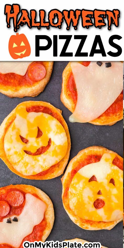 Close up of mini pizzas with cheese shaped like a jack-o-lantern, ghost and bat with title text overlay on top of the image. Ghost Pizza Bagels, Halloween English Muffin Pizza, Mini Halloween Pizzas, Jack O Lantern Pizza, Halloween Pizzas, Halloween Dinner Party Food, Classroom Cooking, Lantern Ghost, Creepy Food