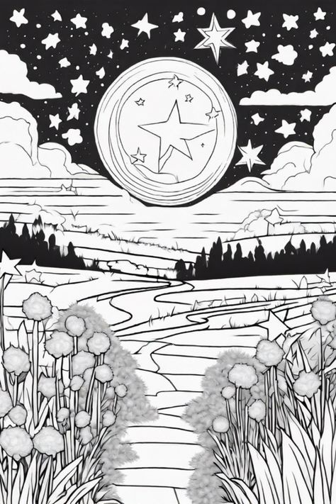 Bring out your creativity with this magical coloring page featuring a starry night full of shimmering stars and a captivating moon! Perfect for both kids and adults looking for a relaxing artistic escape. Color in the whimsical scenery with a lovely winding path and fluffy round bushes; it's all about fun and imagination. Dive headfirst into a thrilling coloring adventure, where each stroke of color can create your dreamlvocking night sky Full Moon Coloring Pages, Octopus Coloring, Magical Night Sky, Octopus Coloring Page, Forest Coloring Pages, Enchanted Forest Coloring, Winding Path, Space Coloring Pages, Star Coloring Pages