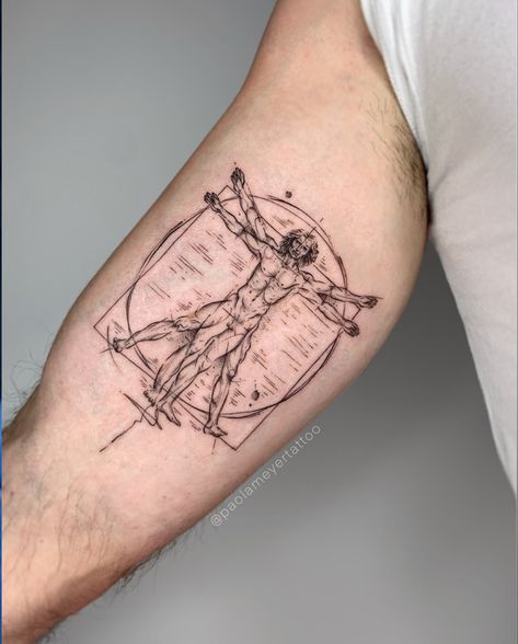 Vitruvian Man Tattoo, Natur Tattoo Arm, Fibonacci Tattoo, Bicep Tattoo Men, Art Inspired Tattoos, Inner Arm Tattoos, Inner Bicep Tattoo, Trending Tattoos, Man Tattoo