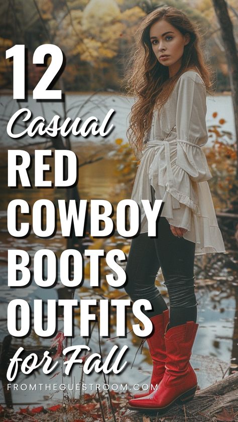 a woman wears casual red cowboy boots for fall, western outfits Boots Outfit Street Style, Cowboy Boots Outfit Fall, Cowboy Boots Outfit Summer, Outfits Cowboy Boots, Country Concert Outfit Fall, White Cowboy Boots Outfit, Short Cowboy Boots Outfit, Red Cowboy Boots Outfit, Cowboy Boots Women Outfits