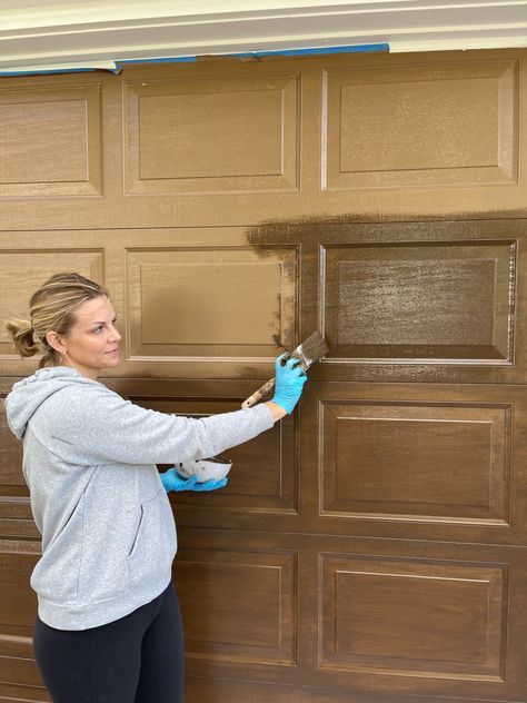 DIY Faux Wood Garage Door - How To Paint Garage Door Like Wood, Wood Garage Doors Black House, Faux Wood Finish Garage Door, Gel Stained Garage Door, Garage Door Skins, Faux Wood Garage Door Diy, Paint Garage Door, Painted Garage Door, Cedar Garage Doors