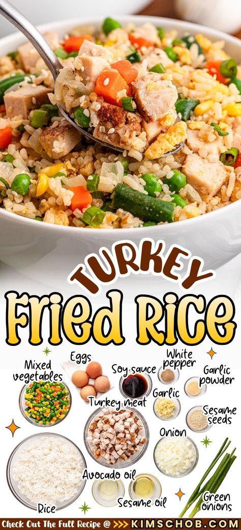 Bowl of turkey fried rice with ingredients like vegetables and eggs around it. Ground Turkey Brown Rice Recipes, Turkey Fried Rice Recipe, Turkey Fried Rice, Leftover Rice Recipes, Christmas Leftovers, Holiday Leftovers, Mexican Salads, Fluffy Rice, Brown Rice Recipes