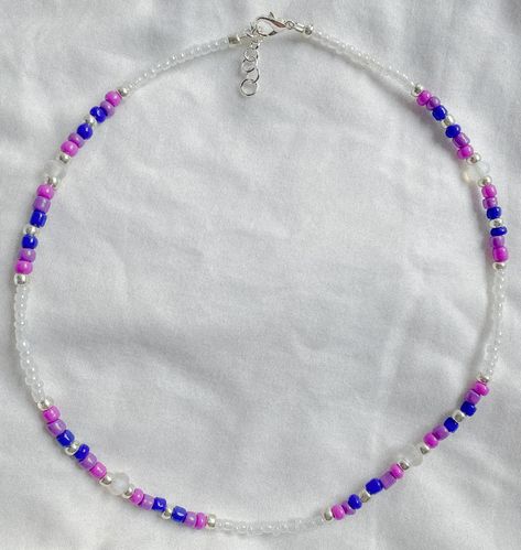 Necklace Length: 16.5in. (Can be adjusted to 17.5in.) 🤍 Last picture is where the necklace may sit on neck before being adjusted #pride #lgbtq #bi Lesbian Beaded Necklace, Seed Bead Pride Jewelry, Subtle Pride Necklace, Hidden Bisexual Jewelry, Bisexual Flag Necklace, Diy Choker, Mock Neck Tank Top, Pride Necklace, Pride Jewellery