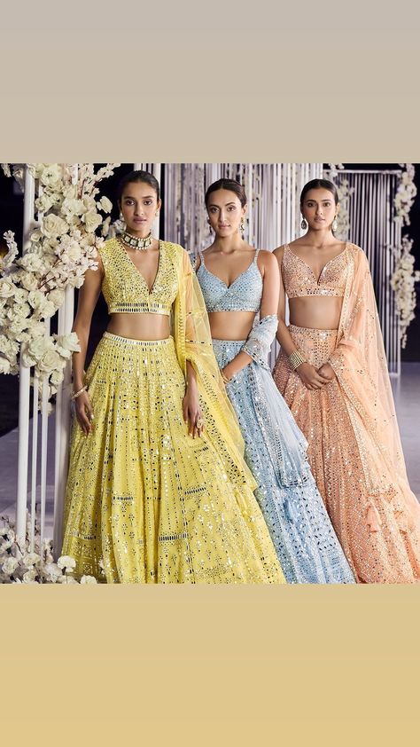 Seema Gujral on Instagram: “Ravishing mirror work handcrafted over a powder blue hue creates the mirage of flowing beauty. This lehenga is inspired by a clear blue sky…” Blue Mirror Work Lehenga, Seema Gujral, Mirror Work Lehenga, Work Lehenga, Blue Mirror, Indian Couture, Clear Blue Sky, Blue Mirrors, Mirror Work