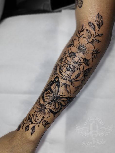 Jessikatheprankster Tattoo, Butterfly With Flower Tattoo, Unique Upper Arm Tattoos For Women, Butterfly And Flower Tattoo, Arm Sleeve Tattoos For Women, Native Tattoos, Beautiful Flower Tattoos, Tattoos For Women Half Sleeve, Forearm Tattoo Women