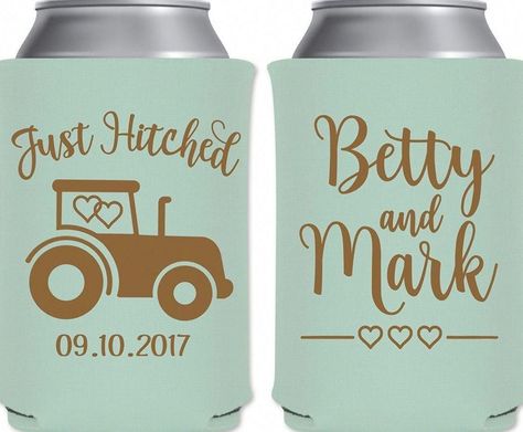 Wedding Can Coolers Beverage Insulators Koozies Personalized Wedding Favors - Just Hitched Coozies by "ThatWedShop" on Etsy | Funny Wedding Favors | Perfect For Rustic Weddings | Barn Weddings | Country Weddings | Farm Weddings #ThatWeddingShop #CountryWeddings Wedding Can Koozie Ideas, Can Koozie Ideas, Funny Wedding Favors, Personalized Wedding Koozies, Koozie Ideas, Weddings Country, Wedding Quotes Funny, Expensive Wedding Rings, Can Koozie