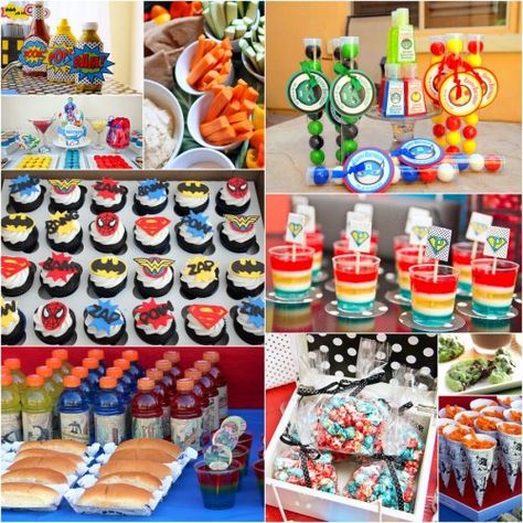 superhero birthday party food and dessert ideas Superhero Birthday Party Food, Superhero Party Food, Superman Party, Superhero Wedding, Avengers Party, Food Birthday, Table Food, Avengers Birthday, Batman Birthday