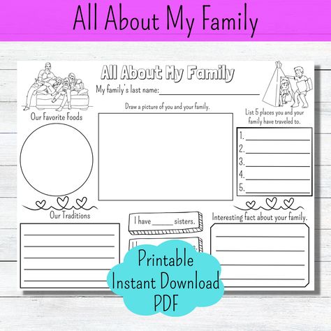 Kids love sharing information about themselves. This All About My Family worksheet has plenty of space for your child to write about his/her family. Perfect to use in homeschool  or classroom setting. You will receive 1 PDF file with 1 page. Make sure to print in landscape format. HOW TO RECEIVE THIS DIGITAL DOWNLOAD: After your purchase has been confirmed, your PDF file will be available for download on your Etsy account. Click on the tab that reads Your Account and click on Purchases and Reviews and your file can be found there. Click, download, and print! PRINTING & SIZING File can be printed on standard letter size paper. Colors and page margins may vary from printer to printer. COPYRIGHT This item is for personal use only. It can not be duplicated, sold, or used in any other way, shap All About My Family Worksheet, About My Family Worksheet, My Family Worksheet, All About My Family, Abc Practice, About My Family, Family Worksheet, Family Coloring Pages, Interesting Facts About Yourself