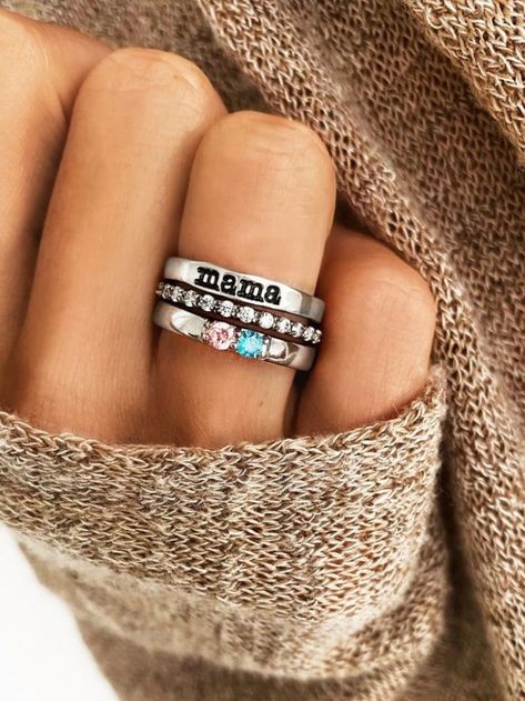 2 Birthstone Mothers Ring Stack | Cute jewelry, Mothers day rings, Mom jewelry Kids Birthstone Ring, Stackable Mothers Rings, Mother’s Ring, Mother Rings Ideas, Mothers Ring Ideas, Birthstone Ring Stack, Birthstone Stackable Rings, Rings For Mom, Mama Ring