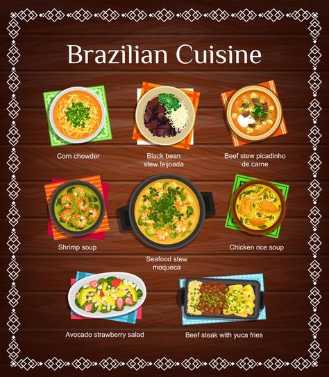 Brazilian cuisine menu | Premium Vector #Freepik #vector #food #menu #restaurant #cartoon Brazil Food, Shrimp Soup, Chicken Rice Soup, Seafood Stew, Seafood Soup, Rice Soup, Strawberry Salad, Corn Chowder, Beef Steak