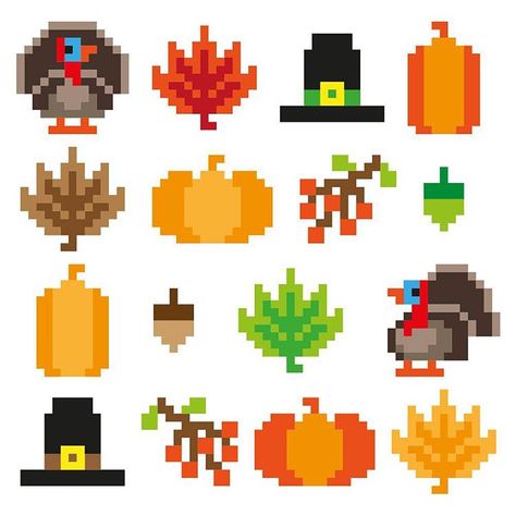 Thanksgiving pixel icons. Opinions please 😊 #Pixel #pixelart #8bit #pattern #turkey #thanksgiving #autumn #pumpkin #berries #leafs #harvest #hat #acorn #icon #pilgrim #seasonal #holiday #vector #vectorillustration #vectorificdesign #work Turkey Pixel Art, Thanksgiving Minecraft, Thanksgiving Pixel Art, Pixel Art Autumn, Thanksgiving Pattern, Pixel Icons, Cardboard Crafts Kids, Thanksgiving Craft, Graph Paper Drawings