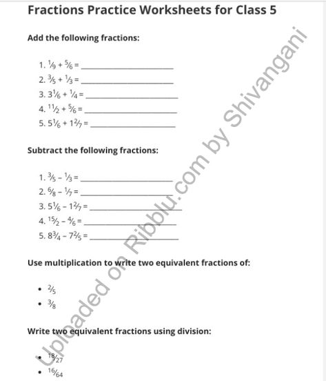 Fraction Worksheets for Class 5 - PDF Class 5 Maths Worksheets, Fractions Worksheets Grade 5, Free Fraction Worksheets, Fraction Worksheet, Grade 5 Math Worksheets, Writing Fractions, Fraction Practice, Add And Subtract Fractions, Multiplying Fractions