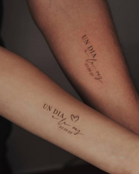 "Un dia a la vez" matching lettering tattoo for couple. Fine Line Spanish Tattoo, Latina Tattoos For Women, Tattoo For Couple, Small Spanish Tattoos, Spanish Quotes Tattoos, Spanish Tattoos, International Tattoo, Couple Matching Tattoo, Date Tattoos