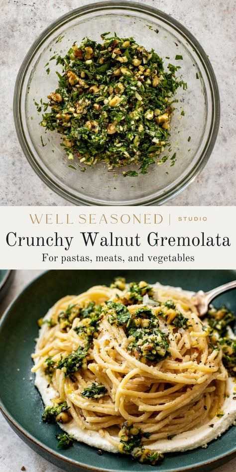 Crunchy Walnut Gremolata (For Pasta, Meats, and Veggies) Italian Recipes Vegan, Arugula Recipes Dinners, Walnut Pasta Sauce, Rosemary Pasta, Herb Pasta, Gremolata Recipe, Parsley Recipes, Rosemary Recipes, Italian Parsley