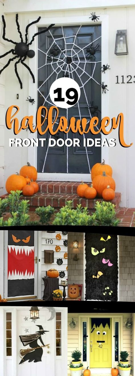 19 Hauntingly Awesome Halloween Door Decorating Ideas via @spaceshipslb Halloween Door Decorating Ideas, Halloween Door Decorating, Porta Halloween, Diy Halloween Door Decorations, Door Decorating Ideas, Halloween Front Door Decorations, Halloween Haunted House Decorations, Halloween Decor Diy, Halloween Front Doors