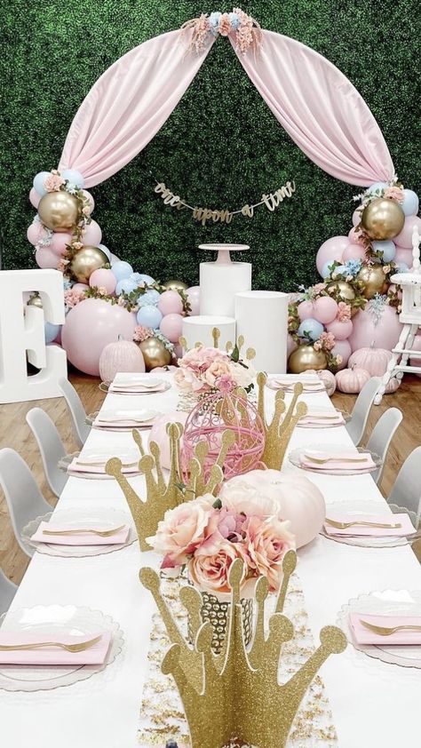 Princess Ball Party Decorations, Modern Princess Party Ideas, 2nd Birthday Princess Theme, Princess 21st Birthday Party, Muted Disney Princess Party, Princess Themed 2nd Birthday Party, Princess Party Set Up, 1st Birthday Once Upon A Time, Princess Aurora Theme Birthday