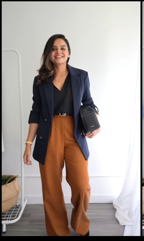 Khaki And Navy Blue Outfits, Blue Blazer Outfits For Women Formal, Brown Trousers Office Outfit, Brick Color Pants Outfits, Semi-formal Brown Pants For Fall, Brown Pants Blue Top, Brown Fall Work Pants, Blue Outfit Color Combos, Blue And Brown Outfits For Women