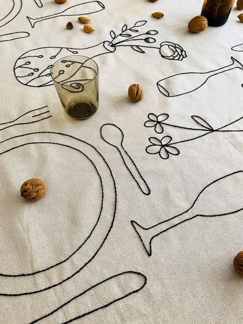 Handmade Organic Cotton Floral Embroidered Table Cloth - Etsy Embroidered Table Cloth, Embroidery Kitchen, Clothes Embroidery, Table Clothes, Holiday Table Settings, Embroidered Tablecloth, Embroidery On Clothes, Cotton Embroidery, Embroidery Inspiration