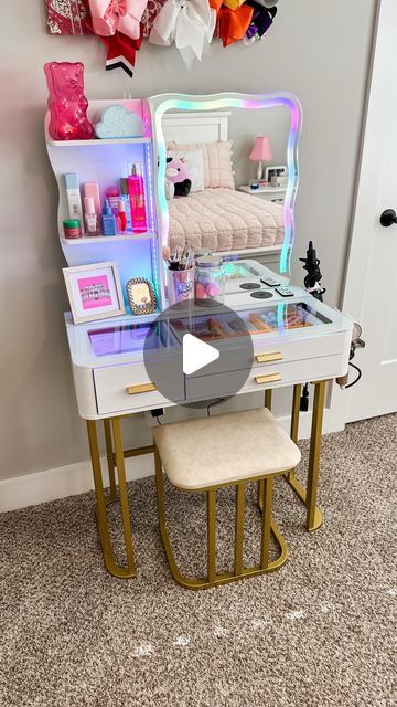 Amy Draper Darley on Instagram: "💄✨🪞How cute is this vanity from Amazon??? My daughter wanted a vanity for her birthday and this one couldn’t be more perfect!  It was so easy to put together, has the prettiest lights, and was perfect for organizing all the makeup and skincare! 

🛒Comment SHOP below to receive a DM with the link to shop this post on my LTK ⬇ https://liketk.it/4NXDq

#vanity #organized #makeuporganization #homeorganization #girlsroom  #ltkvideo #ltkhome" Girls Desk And Vanity Combo, Girls Vanity Ideas Kids Bedroom, Kids Vanity Ideas, Vanity For Girls Room, Girl Vanity Ideas, Baddie Vanity, Girls Vanity Ideas, Organizing My Vanity, Diy Girls Vanity