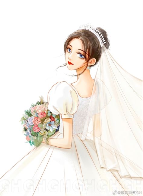 Bride Fashion Illustration, Wedding Couple Cartoon, Wedding Dress Sketches, Wedding Stage Design, Ju Jing Yi, Chinese Art Girl, Cartoon Girl Drawing, Dress Sketches