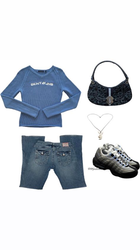 dkny sweater, dkny bag, true religion jeans, nike air max 95 aluminium outfit for women #fashion #y2kaesthetic #vintage #dkny #90sfashion #airmax95 Flared Low Rise Jeans Outfit, Low Rise Jeans Outfit, Dkny Sweater, Vintage Dkny, Dkny Bag, Outfit For Women, Archive Fashion, Nike Air Max 95, Grunge Y2k