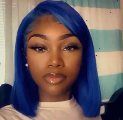 #blue #wig #bob #black #women #girl #makeup White Hair Highlights, Brownskin Girl, Baby Blue Hair, Blue Wigs, Blue Bob, Human Hair Color, Blue Wig, 100 Human Hair Wigs, Pretty Hair Color