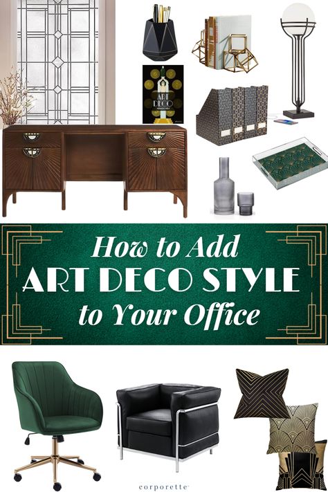 Want to express your personality and style by adding Art Deco style to your office? We've rounded up a ton of office supplies and office furniture to help you make a splash with your office decor whether you've got a cubicle, a private office, or you want to go all out with your home office. Are you a fan of Art Deco inspiration for your office space? Artdeco Interiors Office, Art Deco Office Desk, Art Deco Home Office Ideas, Art Deco Office Decor, Home Office Art Deco, Art Deco Master Bedrooms Decor, 1920s Office Decor, Old Hollywood Office, Art Deco Office Interior