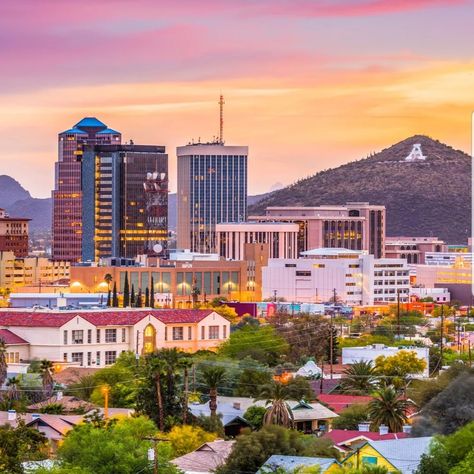 Downtown Tucson, Arizona & "A" mountain in the background. Arizona City, Scenic Road Trip, The University Of Arizona, Neighborhood Guide, Scenic Byway, University Of Arizona, Tucson Arizona, Tucson Az, Bike Tour