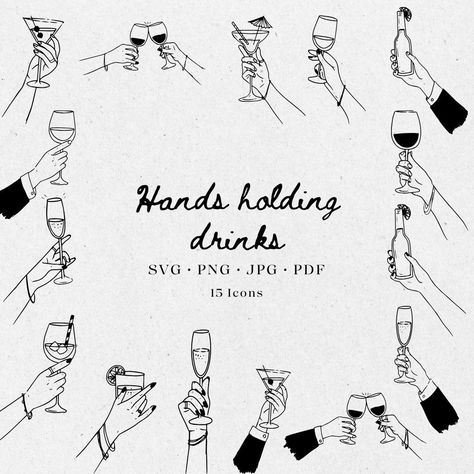 Minimal Digital Hand-Drawn Hands holding drinks Illustration illustrations bundle set. Hand drawn clipart icons. Perfect for Bachelorette, Hen do, Stag do, Wedding invitations, Parties invitations, Birthday, Galentines, Bridal Shower, Baby Shower and more.  Hand drawn style with scribble drawings. Italian Style and French Style clipart icons. Please note that this is a DIGITAL PRODUCT, no physical product will be shipped.  Go to https://www.etsy.com/uk/shop/RoseRayCo?ref=l2-about-shopname&search Cheers Drawing, Drawn Hands, Hand Drawn Wedding Invite, Hand Drawn Illustration, Drink Illustration, Party Illustration, Scribble Drawings, Icons Party, Hand Drawn Wedding