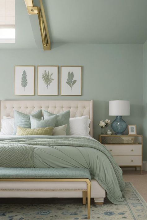 Amazing Color Combination For Bedroom Decor Ideas. #LivingRoomColors #HomeDecor #InteriorDesign #HomeDecorIdeas #BestLivingRoomIdeas #HomeDecorIdeas #decor #decoration #decora #decorating #decorations #decorate #decorative #decoracaodeinteriores #decorando #decoraci #decore #decoradora #decorar Mint Color Palette Bedroom, Jade Bedroom Ideas, Green Color Palette Bedroom, Soft Green Bedroom, Gold Accents Bedroom, Sienna Bedroom, Mint Green Bedroom, Mint Bedroom, Big Bedroom