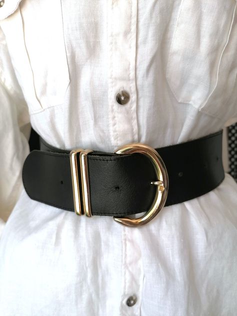 Black Leather Wide  Belt, Vintage Belt for Women, Genuine Leather Waist Belt , Distressed Waist Cincher The belt is in very good condition, a little bit signs of wear and use Wide: 6 cm/ 2.4 in Lenght: 93 cm / 66 in Materials: leather Defects: none Condition: very good vintage condition See more like this in my shop: https://www.etsy.com/shop/VintageInsparation?ref=seller-platform-mcnav Wide Black Belts For Women, Thick Belts, Belts Aesthetic, Vintage Cotton Dress, Leather Waist Belt, Wide Leather Belt, Belt Vintage, Beautiful Belts, Cotton Dress Summer