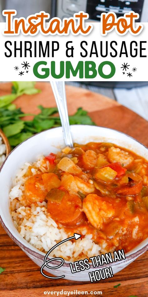 A delicious gumbo recipe made easy in your instant pot. In less than an hour, zesty gumbo loaded with andouille sausage, shrimp and veggies. Perfect for a game day get together or a weeknight dinner. Instant Pot Gumbo Recipe, Instant Pot Gumbo, Gumbo Recipe Easy, Instant Pot Shrimp, Shrimp And Veggies, Shrimp And Sausage Gumbo, Gumbo Recipe Sausage, Sausage Shrimp, Shrimp And Sausage