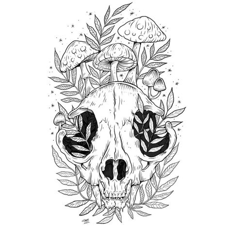 Monkey Skull Tattoo, Raccoon Skull Drawing, Skull With Mushrooms Drawing, Skull And Mushrooms Tattoo, Mushroom With Knife, Mika Tattoo, Skull Mushroom Tattoo, Crystal Tattoo Ideas, Bristol Tattoo