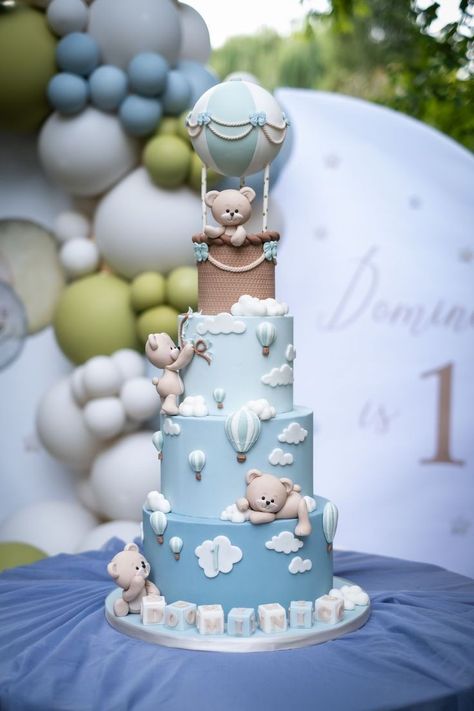 1st Bday Cake For Boy, Hot Air Balloon Birthday Cake, Baby Shower Cake Boy, 1st Birthday Decorations Boy, Teddy Bear Birthday Cake, Cake Balloons, Boys First Birthday Cake, Teddy Bear Cake, Boys 1st Birthday Cake