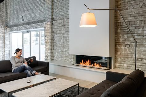 Simple is the new bold. See elegant contemporary gas fireplaces installed in modern homes. | European Home | Element4 Gas Fireplace Ideas, Gas Fireplace Ideas Living Rooms, Contemporary Gas Fireplace, 3 Sided Fireplace, Contemporary Fireplace Designs, Fireplace Gallery, Gas Fireplaces, European Home, Glass Fireplace